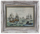 Attractive watercolour of a whaling scene, showing four whales and the whalers in action with their harpoons
